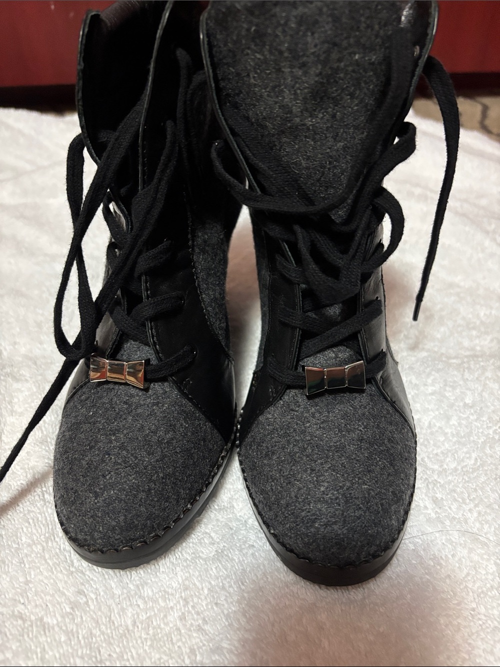 kate spade Black and Gray Lace-Up Ankle Boots with Bow Accent